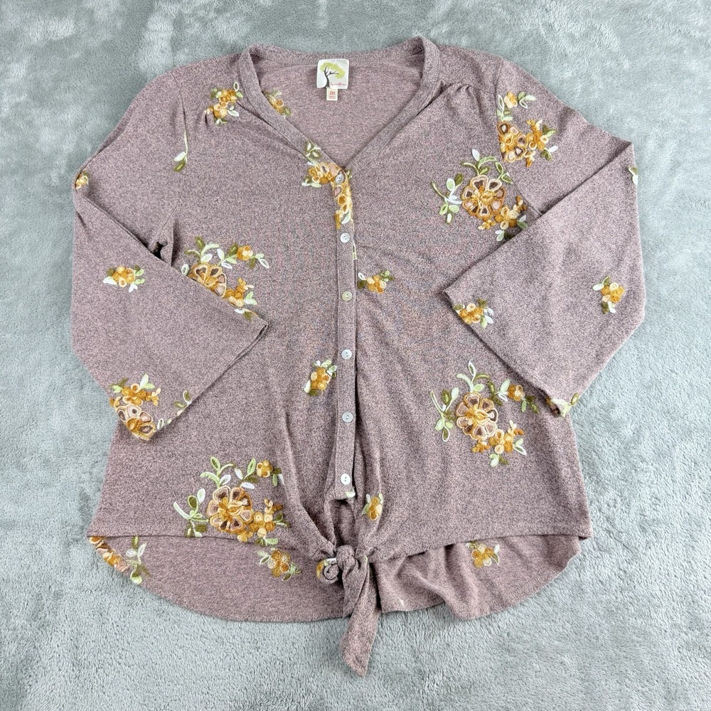 Fig And Flowers Top Womens Medium Pink Knit Floral Embroidered Tie Front‎ Boho